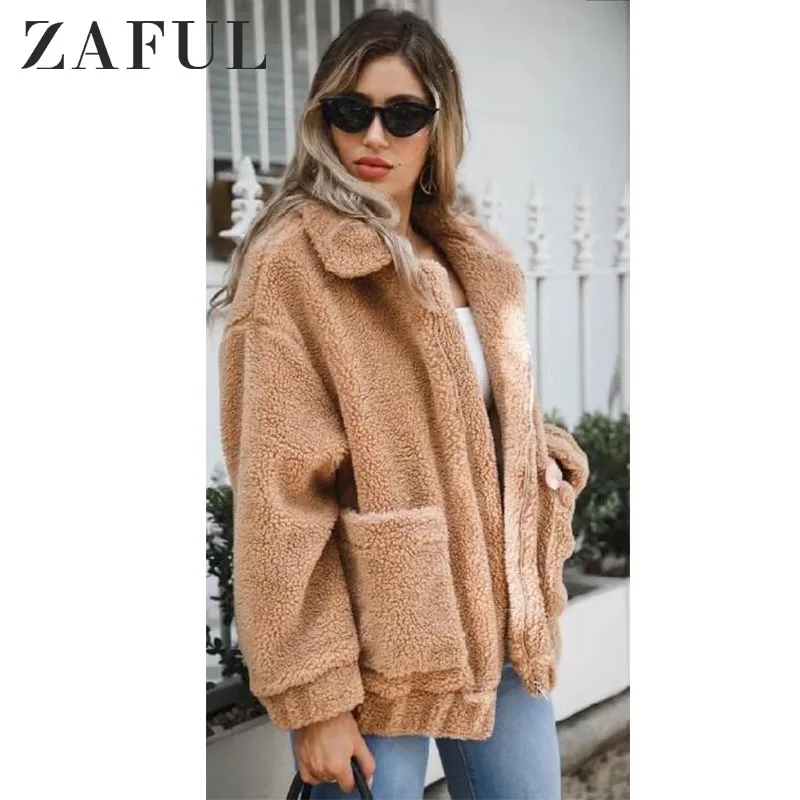 ZAFUL, пушистое шерстяное пальто на молнии для женщин, открытая стежка, берберский флис, шерпа, зимняя одежда на молнии, карманы, медвежонок, верхняя одежда для женщин