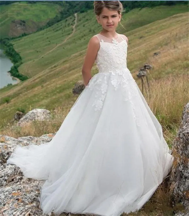 154Beach Flower Girl Dresses A Line Jewel Lace Applique Girls Pageant Dresses For Wedding Party First Communion