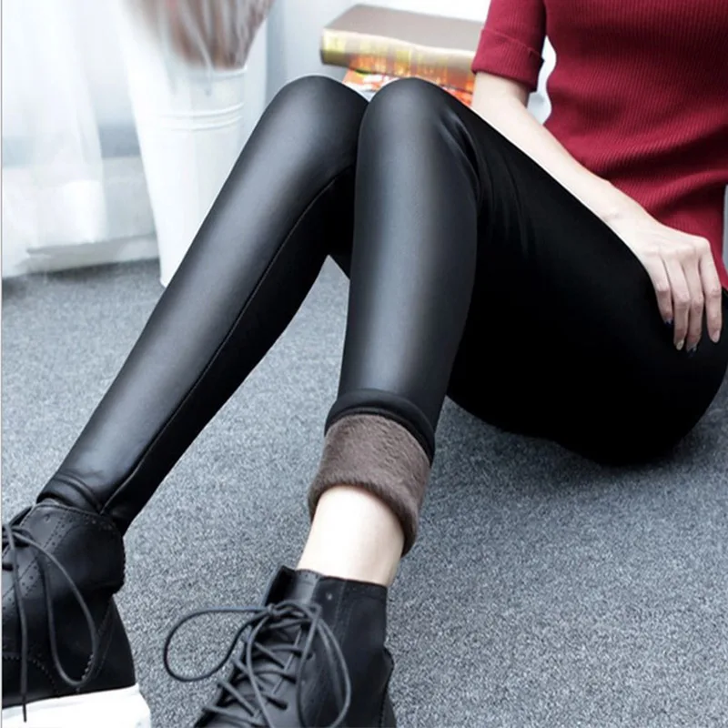 Women Winter Faux Leather Pants Warm Velvet Pant High Waist Trousers Female Thick Stretch Pantalon Femme Plus Size 4XL