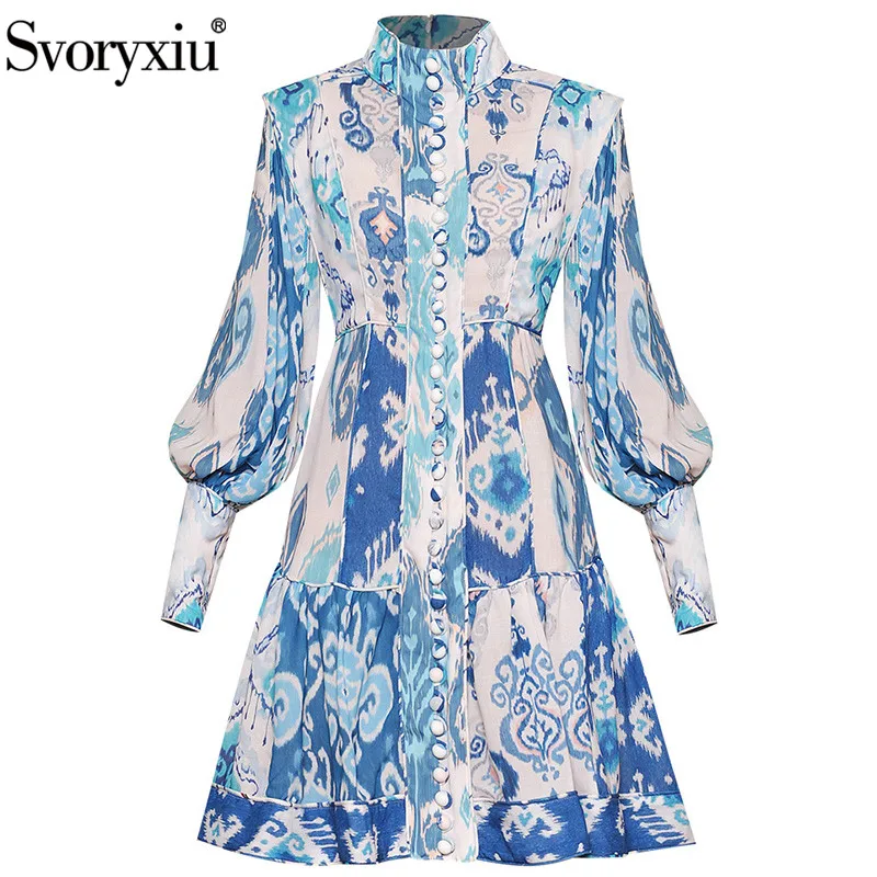 Svoryxiu 2020 Nieuwe Lente Zomer Runway Lantaarn Mouw Jurk Vrouwen Single-Breasted Blauw Wit Print Elegante Party Korte jurken Svoryxiu 2020 Nieuwe Lente Zomer Runway Lantaarn Mouw Jurk Vrouwen Single-Breasted Blauw Wit Print Elegante Party Korte jurken