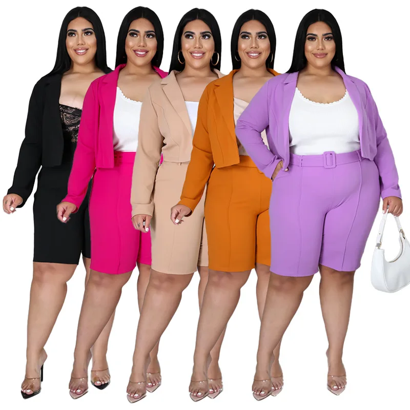 

Plus Size Women Outfits Newest Long Sleeves Coat and Shorts Two Pieces Sets Newest Ladies Office Lady Suits