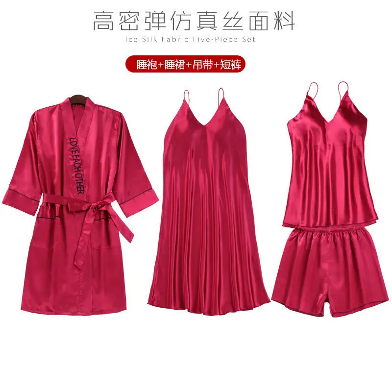 Бордовые пижамы для женщин, сексуальные кружевные пижамы, атласные пижамы с шортами, 5 предметов, пижамы, костюмы, повседневная домашняя одежда - Цвет: burgundy B