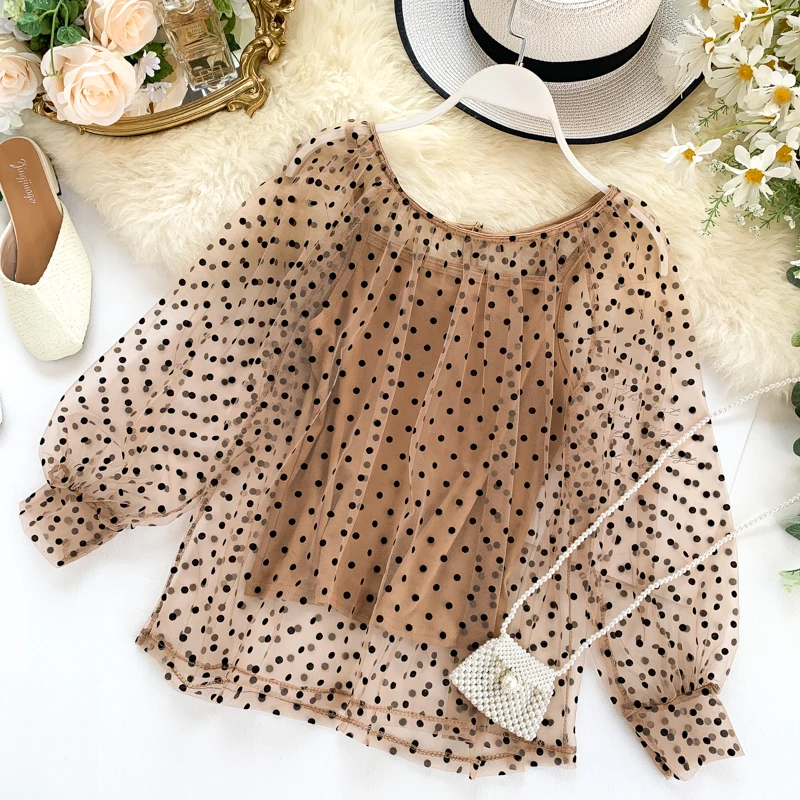 Women Retro Sweet Long Puff Sleeve Loose Thin Autumn Clothes Lady Round Neck Dot Print Casual Blouse Shirts J825