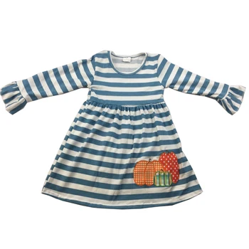 

newest thanksgiving day kids girl dress pumpkin embroidered blue and white stripe long sleeve dress