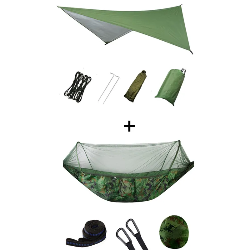 Green and camouflage Outdoor Portable Hammock with Mosquito Net and Rain Fly Camping Backpacking Bug Hammocks and Netting Parachute Hammock Canopy - Color: Green and camouflage