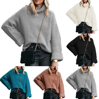 

Fashion Women Solid Color Turtleneck Long Sleeve Casual Loose Knitted Sweater