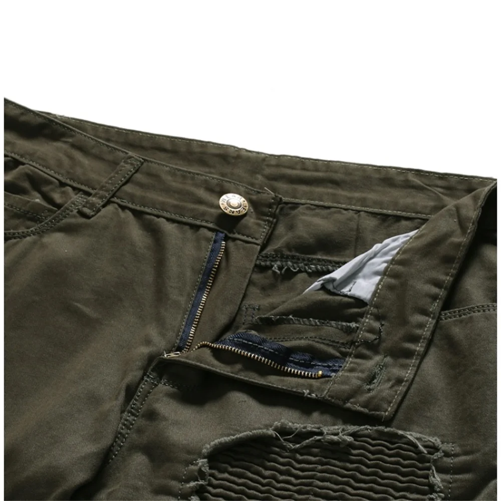 Summer Army Green Stiletto Jeans Men's Ripped Holes Wrinkled Wave Stripes Decorated High Stretch Pants Slim Locomotive Frayed