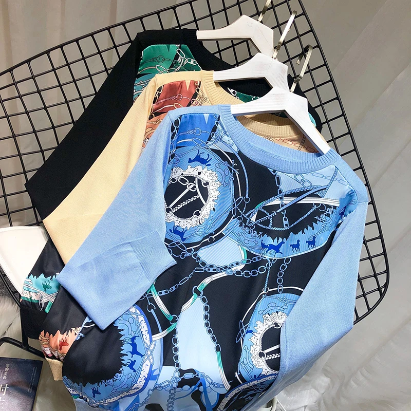 ALPHALMODA Мода Винтаж принтом сатиновый, пэчворк вязаный свитер с длинным рукавом Для женщин осень принтом стильный джемпер