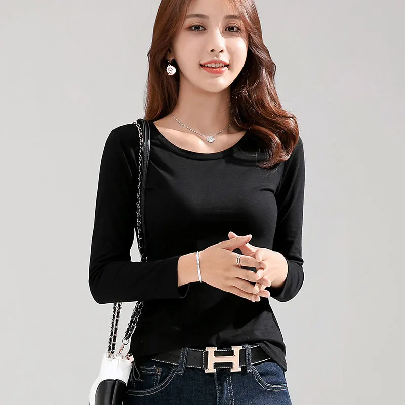 Fashion New Spring Women S-3XL O-Neck Long-Sleeve T Shirts Solid Color Cotton T-Shirt Office Lady Top Tees Clothing Party Gift