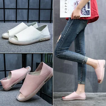 

Sandals Woman 2019 Two Clothes Slipper Flat Bottom Casual Shoes Pregnant Woman Joker Genuine Leather Shoes