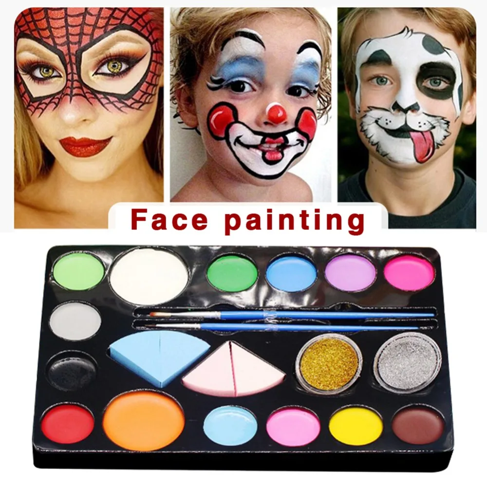 Child Makeup Set- 16 Face Paint Face Paint with 4 pcs Sponges 30 Painting Stencils 10 Brush Gift for Kids Parties& Halloween