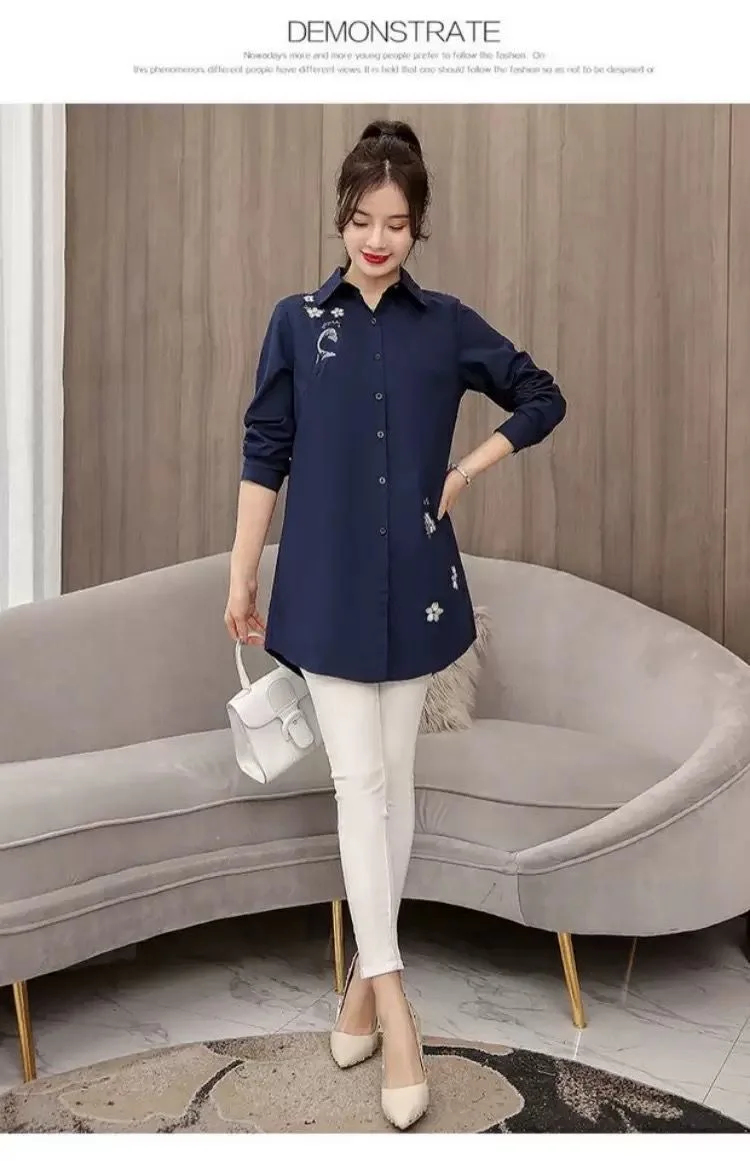 Autumn New Cotton Women Letter Embroidery White Shirts Office Lady Long Loose Casual Blouse Outwear Tops