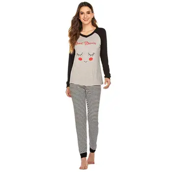 

Women Casual V-Neck Long Sleeve Printed Christmas Pajama Loose None Set Natural Autumn Nightwear Pajamas Home