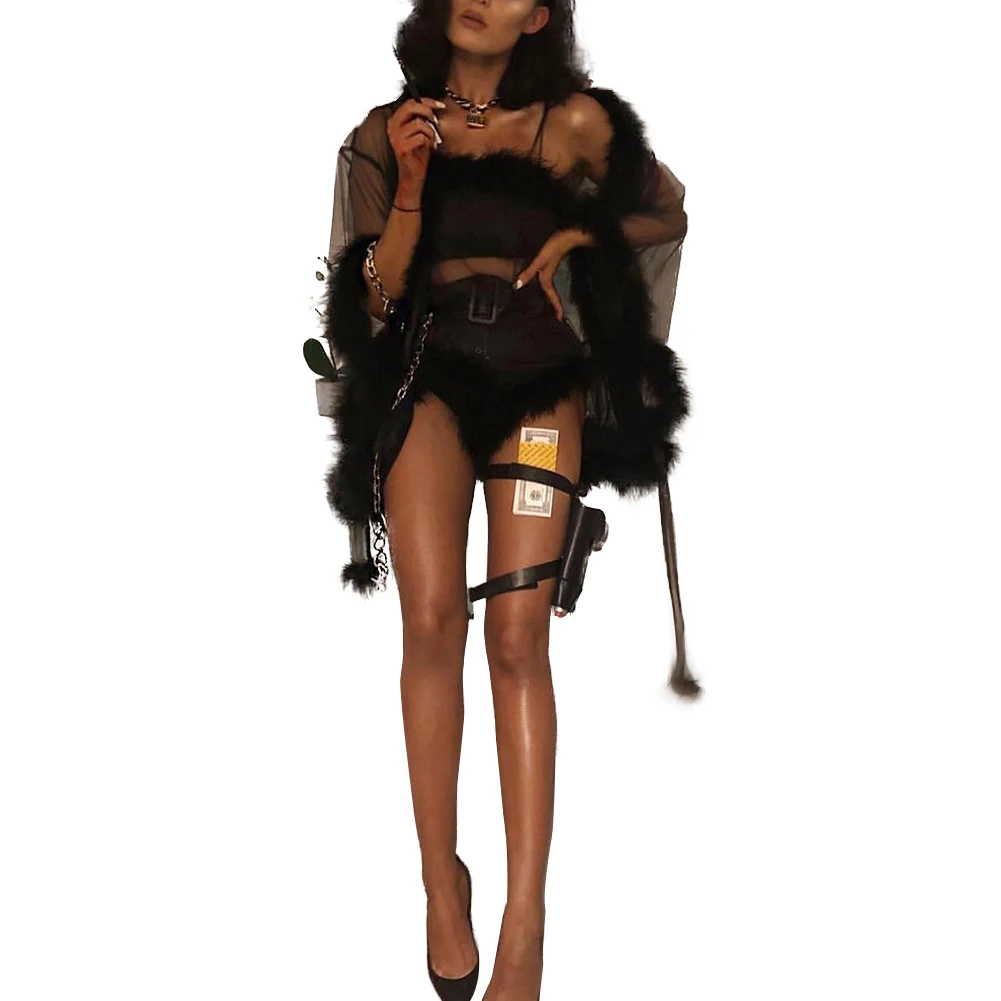 Sexy Women Female Coat Solid Color Lace Feather See-through Long Sleeve Cardigan Bikini Covers Short Mini Robes