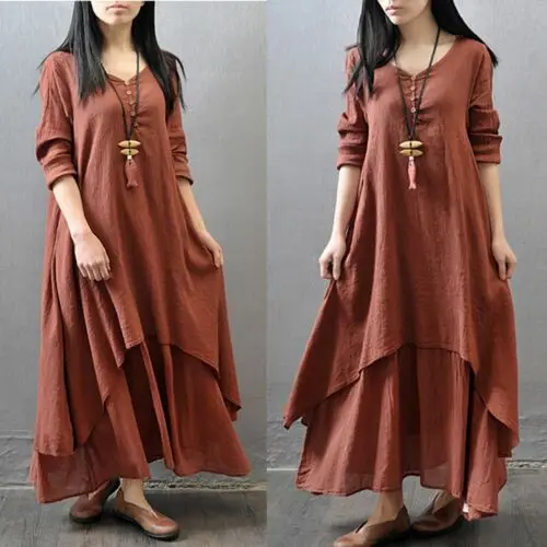 Весна Boho женское V Nekc крестьянское этническое хлопковое льняное Повседневное платье макси с длинными рукавами на пуговицах Несимметричное длинное платье хит - Цвет: Brick red