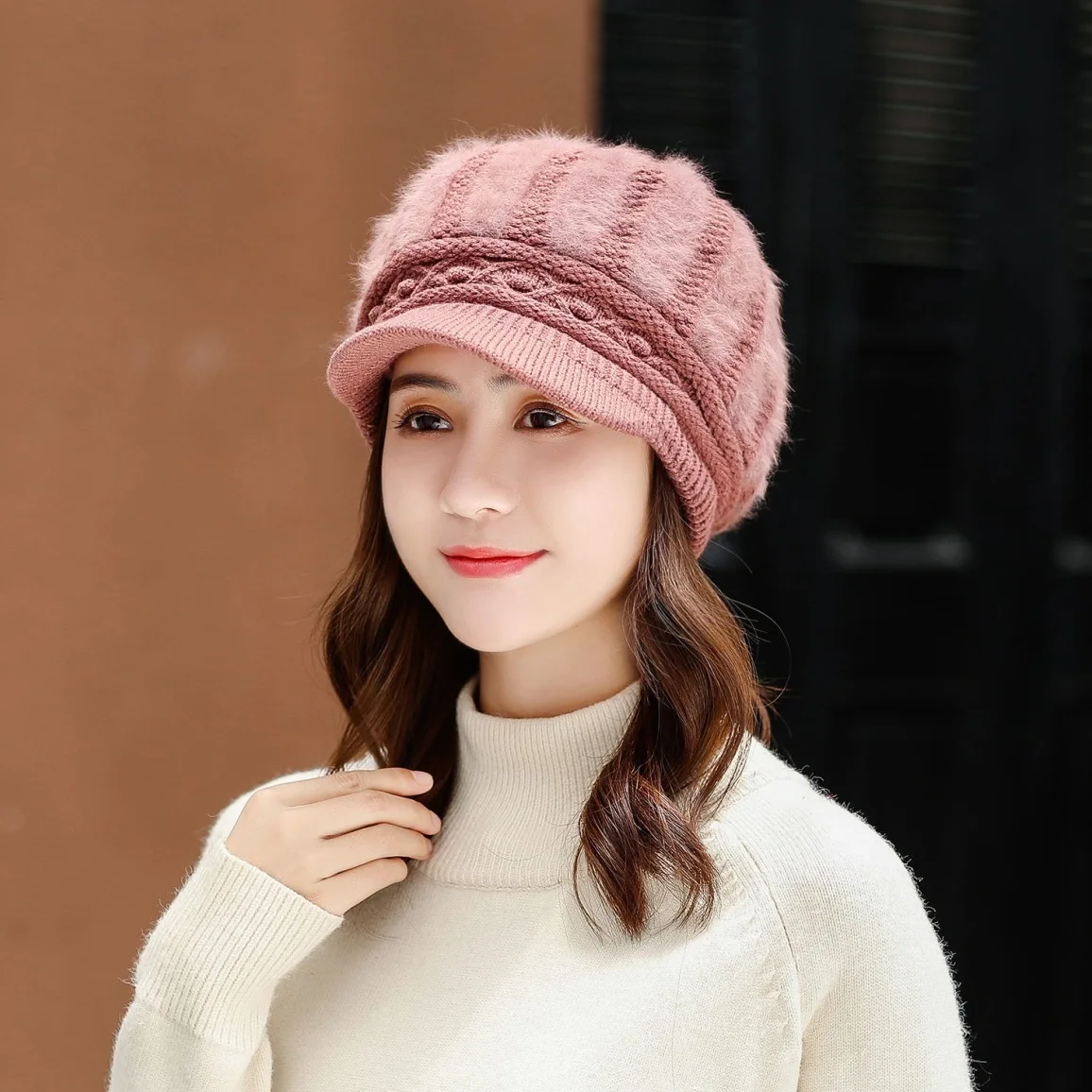 Новая регулируемая зимняя женская шапка с помпоном из меха кролика, зимняя шапка для девочек, вязаные шапки Скалли, шапки, бренд, женский головной убор из плотной ткани - Цвет: Red bean paste