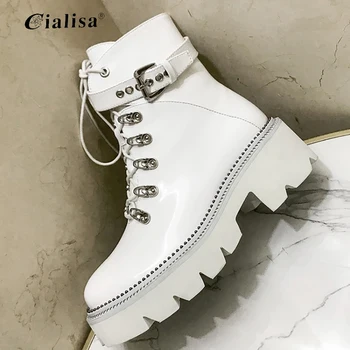 

CIALISA Women Shoes Genuine Leathe Lace Up Thick Heel White Ankle Boots 2020 Non-slip Round Toe High Heel Fashion Platform Boot