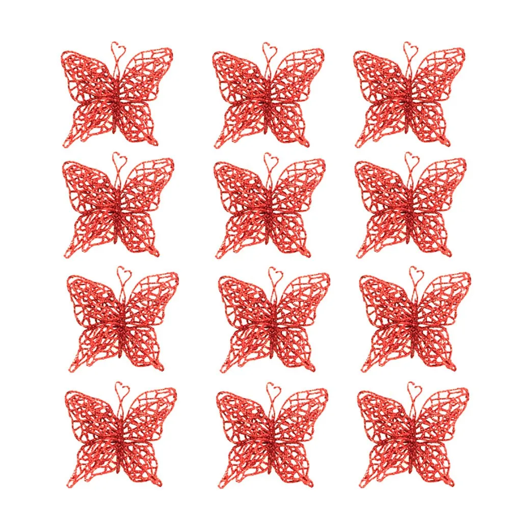 12pcs Christmas Tree Pendants Ornaments Christmas Simulation Butterfly Xmas Ornament Home Decor Gold Red color Navidad Oct