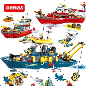 

City Fire Rescue Boat research ship boat compatible assembled Building Brick Blocks kids kits DIY toys Children Brinquedos gift