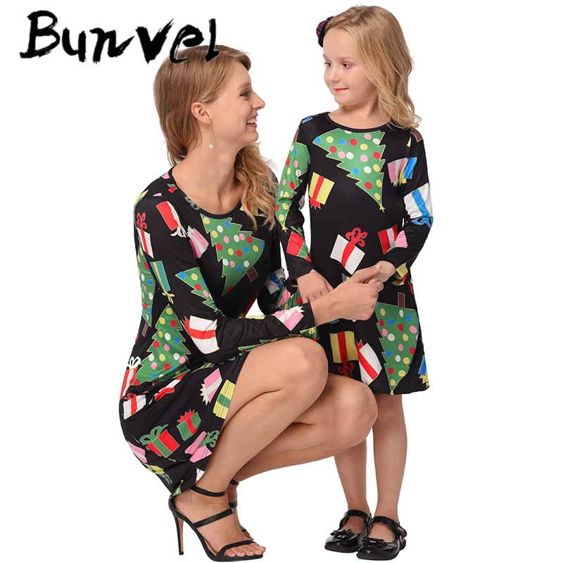 bunvel family look Mother Daughter Dresses christmas gift tree printed mommy and me clothes mom daughter dress baby girl 5 | Мать и