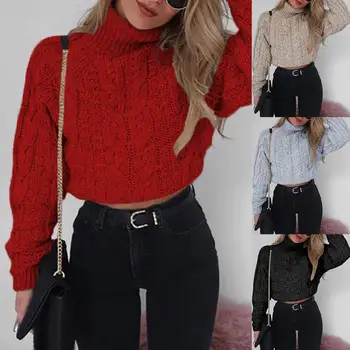 

Fashion Winter Women Solid Color High Neck Long Sleeve Knitted Cropped Sweater