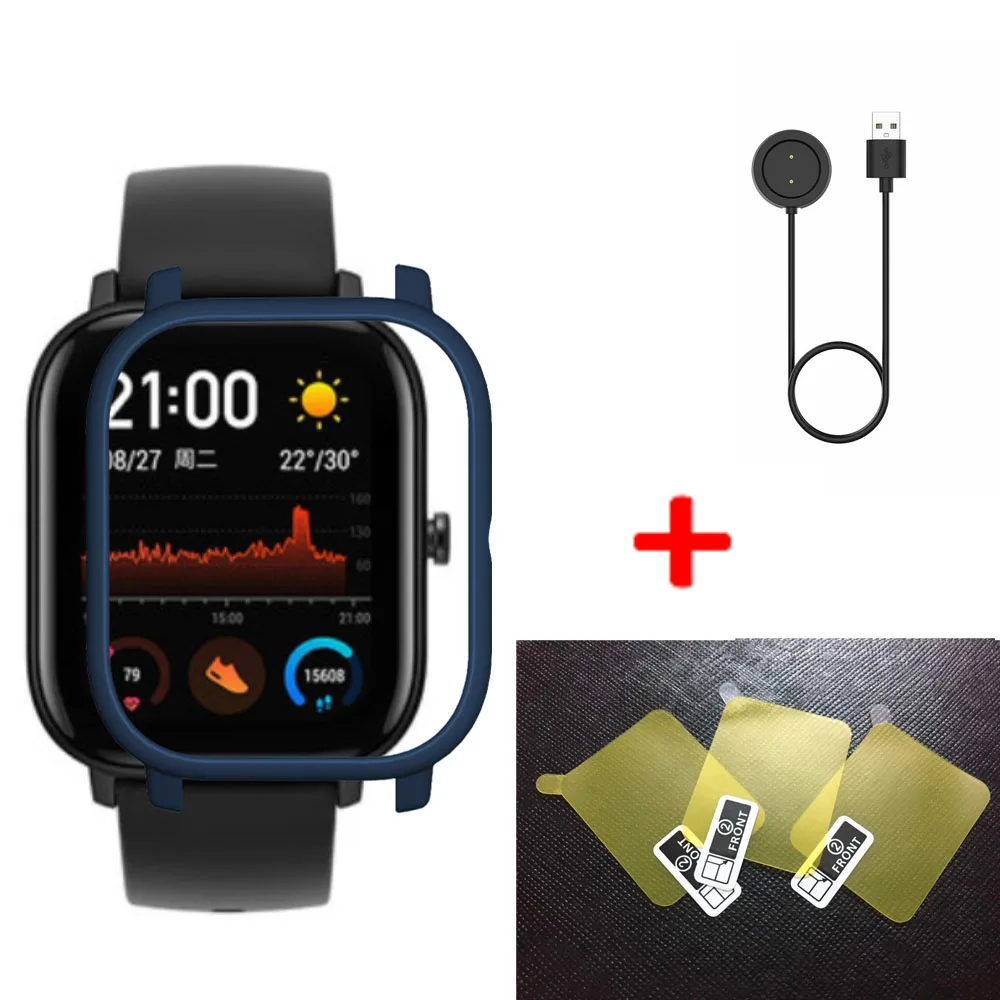 3 в 1 USB кабель зарядное устройство для Xiaomi Huami Amazfit GTS смарт-ремешок чехол для часов PC защитный чехол для Amazfit GTS пленка для экрана - Цвет: Blue