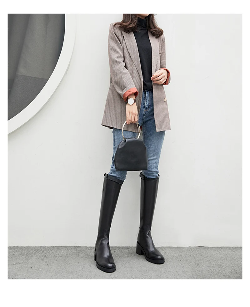 long riding high heel quality black block shoes knee brand women winter boots genuine leather equestrian tall chinese chunky