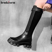 Lenkisen/2020новые рыцарские сапоги из коровьей кожи с толстой подошвой зимние теплые женские сапоги до бедра с круглым носком на высоком каблуке, с пряжкой, на молнии, L75