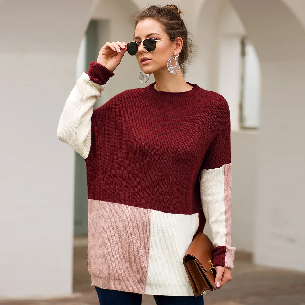

Contrast Color Sweater Women Bat Sleeve Loose Pullovers Casual Knit Winter Clothes O Neck Jumper Red Long Sweater
