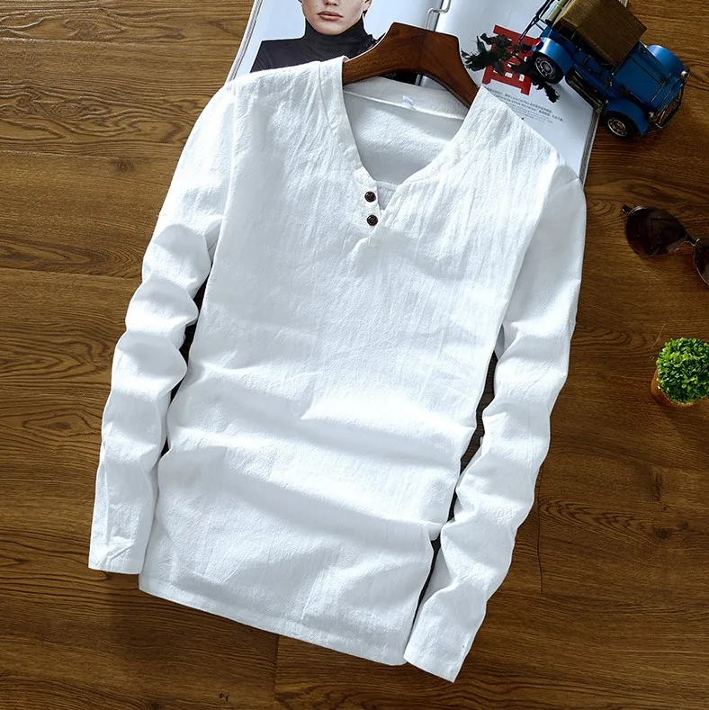 white -2 button Мужские хлопковые льняные рубашки с длинным рукавом, повседневные, размера плюс 5XL, v-образный вырез, выше размера, китайский стиль, черный цвет, хаки, топы, футболки на осень и зиму - Цвет: white -2 button