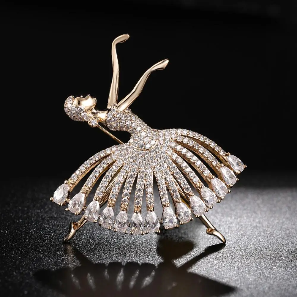Blucome Wedding Cubic Zircon Dance Girl Shape Brooches For Women Girls Bridal Bouquet Accessories Lapel Hijab Pin Figure Brooch