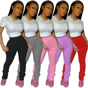 

HAOYUAN Elastic Stacked Sweatpants Women Fashion Plus Size High Waisted Bodycon Ruched Pants Fitness Leggings Bottoms