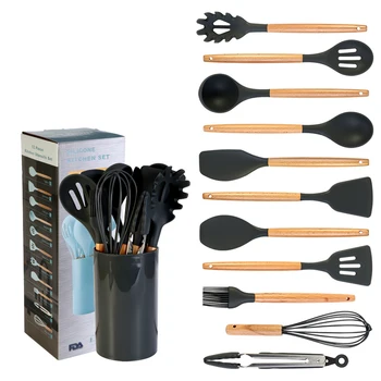 

9/10/11/12PC silicone kitchen tools set kitchen utensils Spoon Soup with Wooden Handle Storage Box Non-stick kitchen accessories
