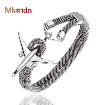 MKENDN Fashion Stainless Steel Airplane Glider Anchor Rope Leather flight Bracelets Men Women aviator Style