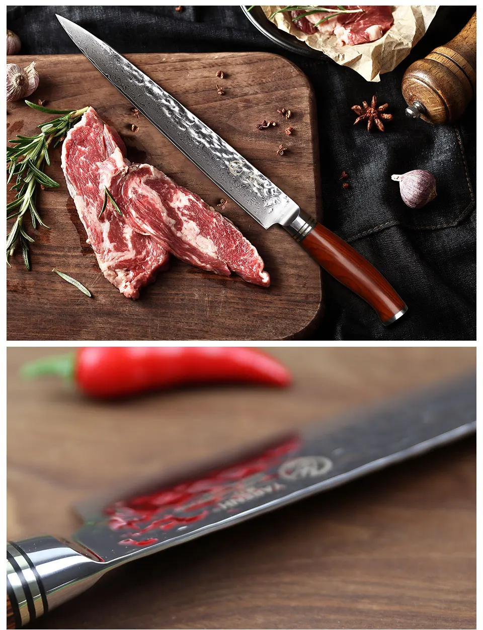 YARENH 10 дюймов нож для нарезки дамасской стали нож с деревянной ручкой японский VG10 профессиональный нож шеф-повара нож сашими