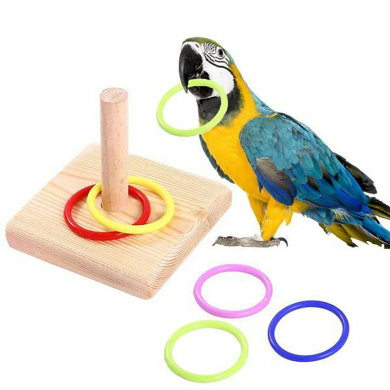 

Bird Parrot Educational Toys Wooden Platform Stacking Plastic Rings Parrot Develop Intelligence Training Chew Toy Pet Supplies