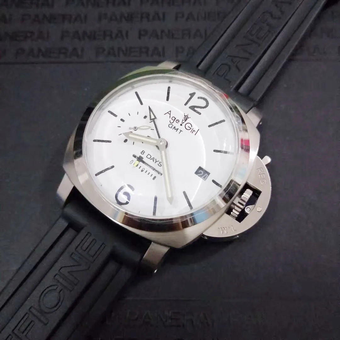 

Famous Brand New Men Automatic Mechanical Sapphire Stainless Steel Black Rubber Leather GMT 8 Days Watch Green White Luminous