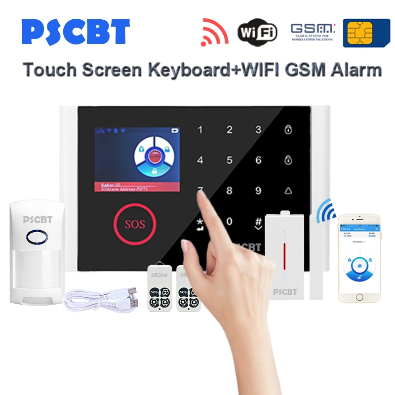 

PS108 Touch Screen Panel GSM WIFI Alarm System Kit Pet Immunity Sensor Detector GSM Dialing for Business Home Alarms Security