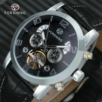 

FORSINING Top Brand Luxury Tourbillon Mechanical Watch Men Leather Strap Skeleton Dial 2 Sub-dials Calendar Dress Wrist Watches