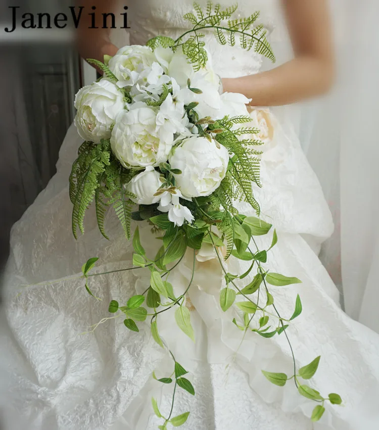 JaneVini капельки Стиль Свадебные букеты Искусственные Белые пионы водопад Свадебный букет зеленые листья жемчуг кружева цветы для невесты
