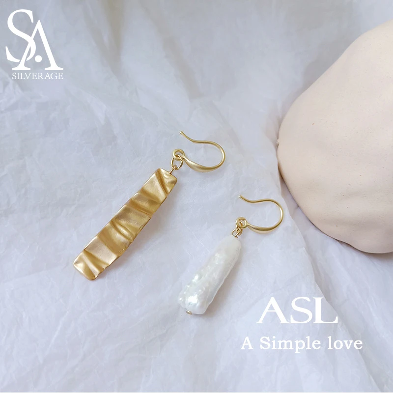 

SA SILVERAGE High Earrings Gold Color Decorative Earring Pearl Drop Natural Baroque Pearl Unsymmetrical Personality Earrings