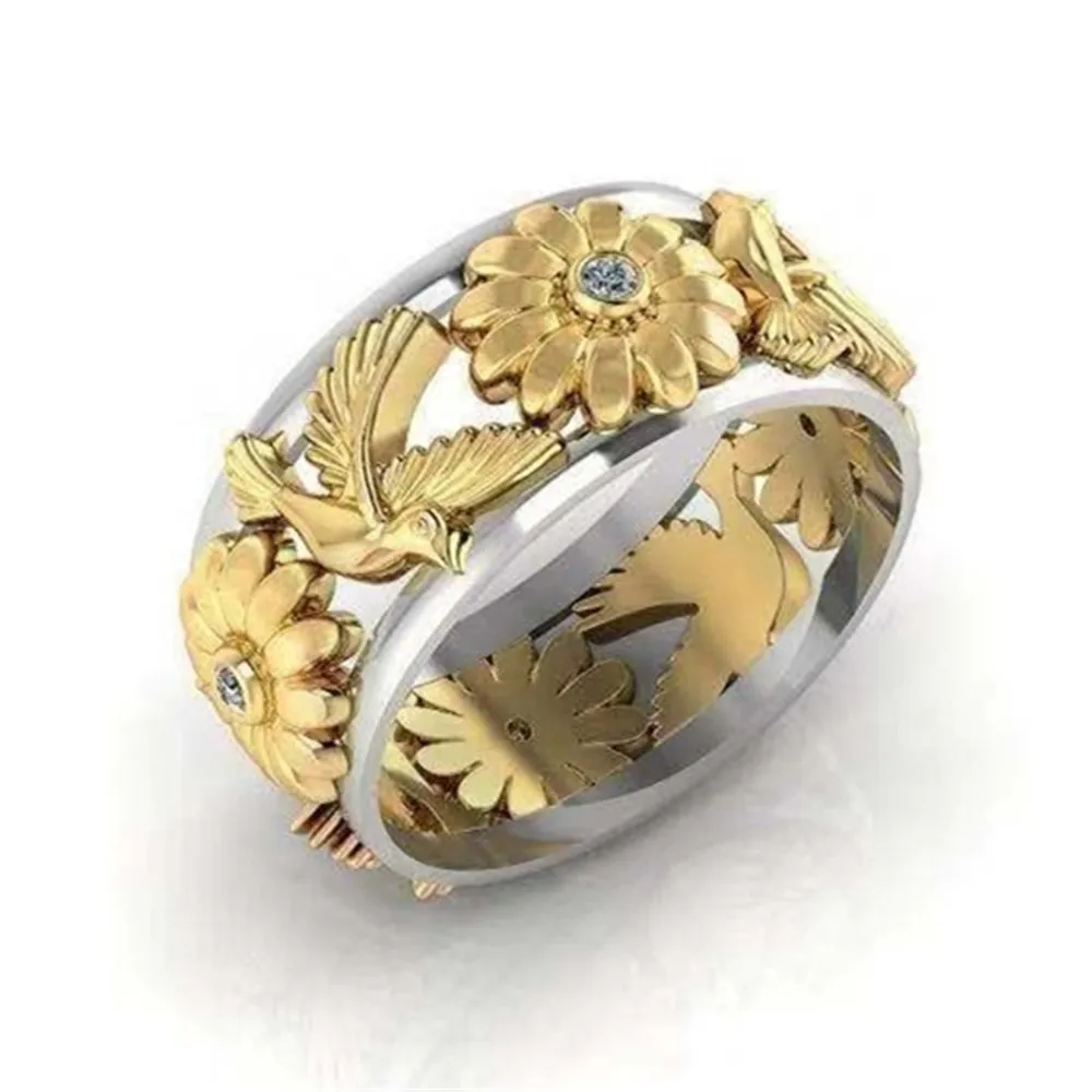 

Hot Sale New Men and Women Fashion Two-color Gold-plated Ring Vine Flower Bird Zircon Jewelry Wedding Ring for Women Gift Rings