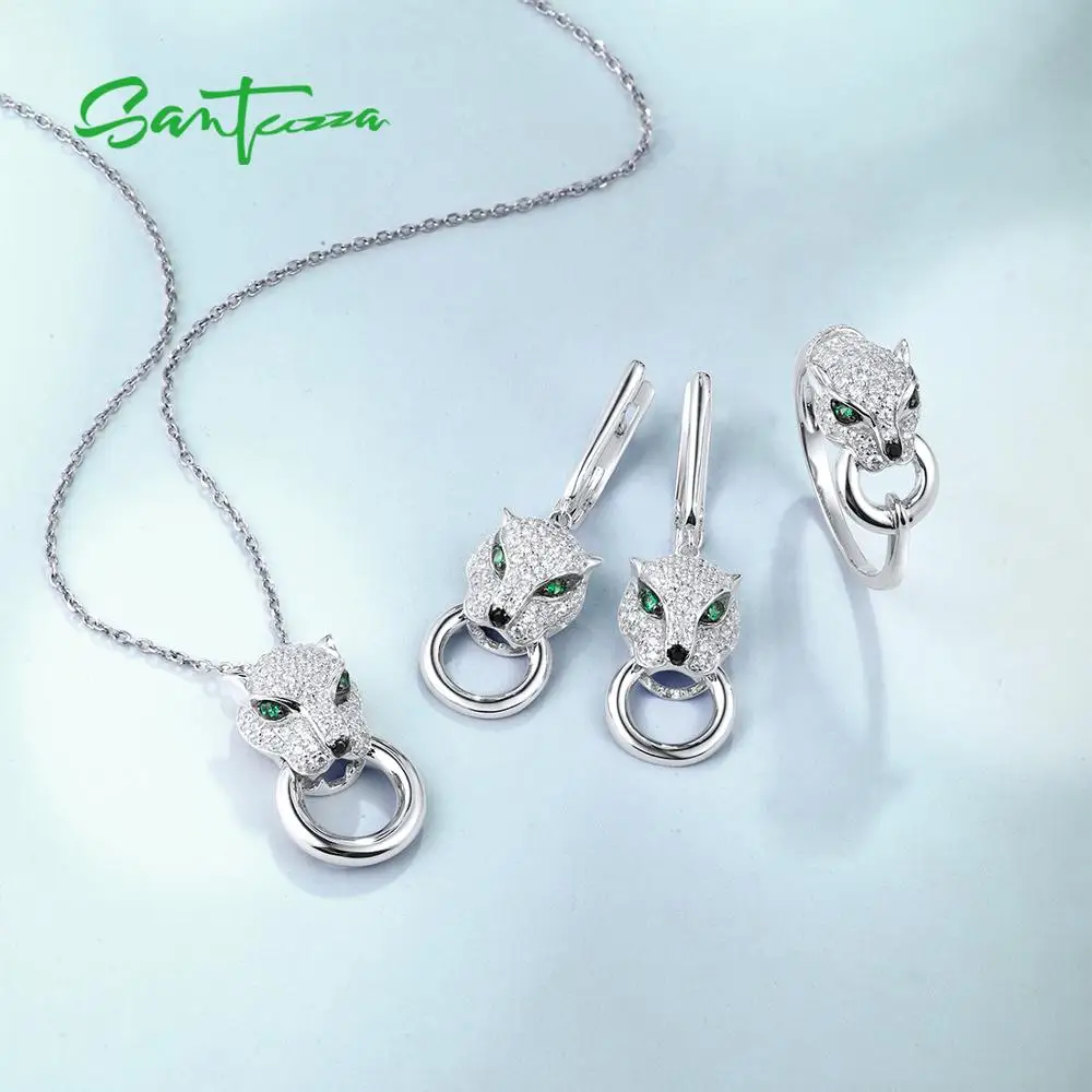 SANTUZZA 925 Sterling Silver Jewelry Set For Women White CZ Green Eyes Ring Earrings Pendant Leopard Set кольца Fine Jewelry