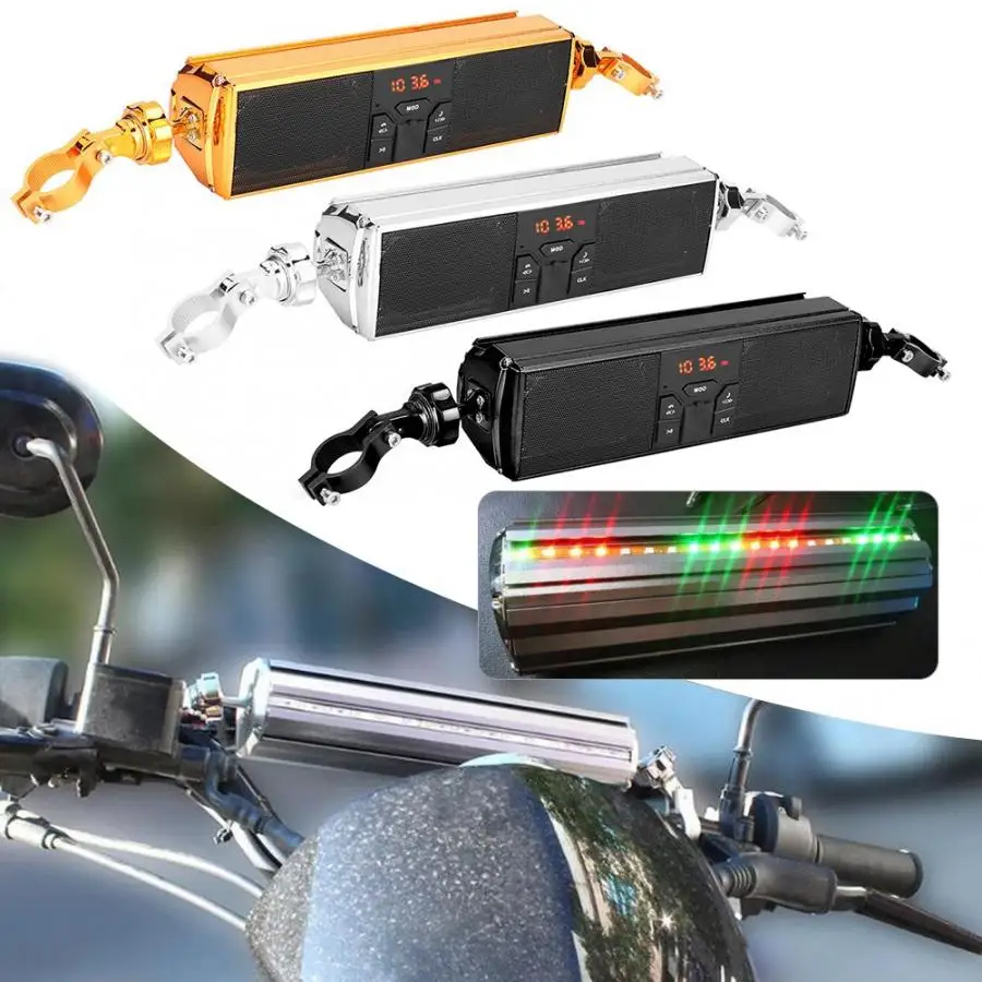 Sistema de audio de la barra de la manija de modificación de la motocicleta Qiilu oro reproducción de USB Sistema de sonido antideslizante a prueba de agua Altavoz estéreo de moto