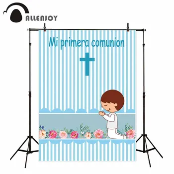 

Allenjoy Holy Communion Banners Blue Stripe Flowers Leaves Cross Boy Events Party Supplies Child Celebrate Baptism Event Curtain
