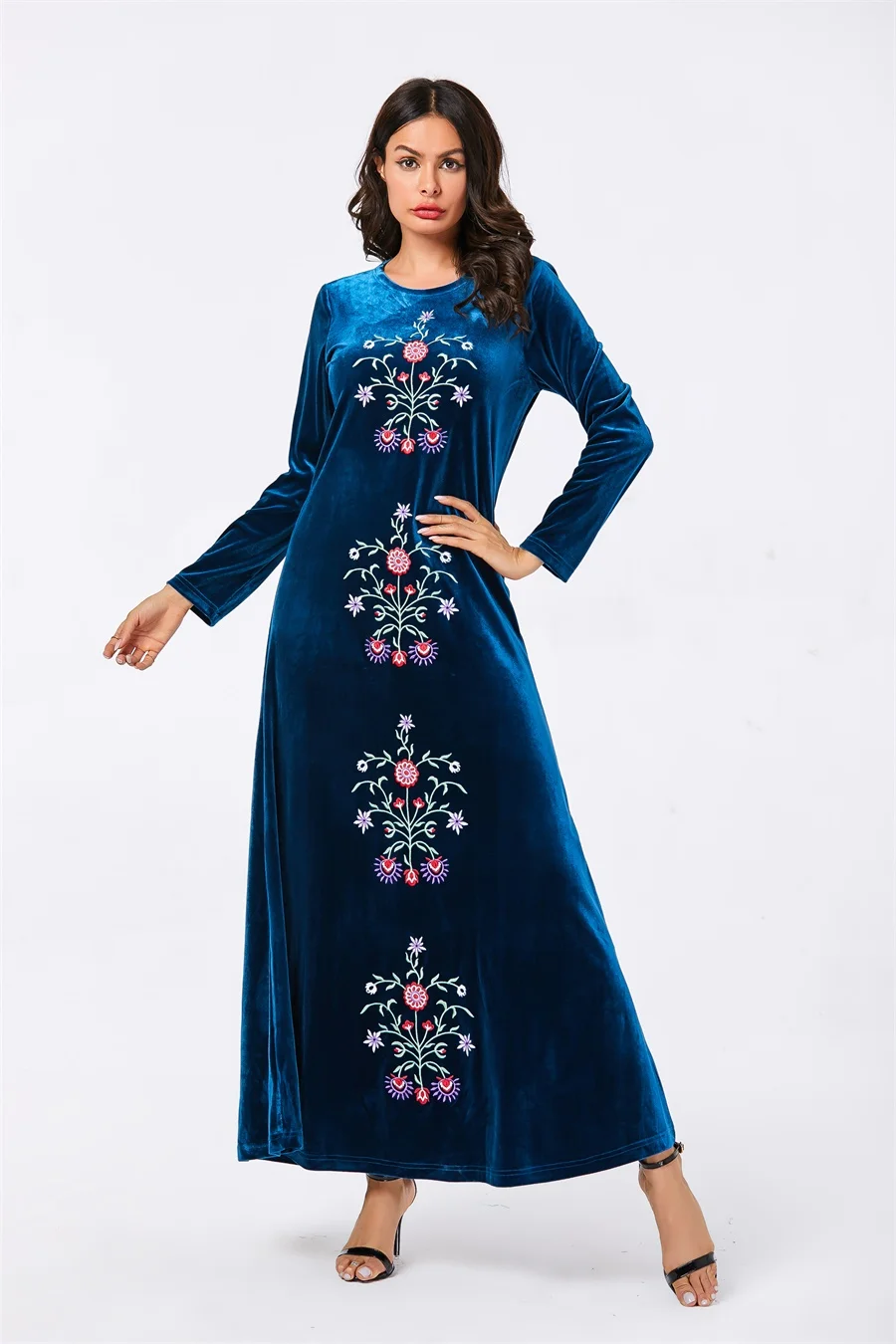 Осень женское платье с длинным рукавом вельветовое по щиколотку мусульманское повседневное длинное платье размера плюс НОВАЯ шикарная Цветочная вышивка