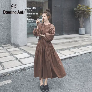 

Women Solid Dress Mid-Calf A-Line O-Neck Long Puff Sleeve High Waist Woman Autumn Vintage Korean New French Fashion Dresses