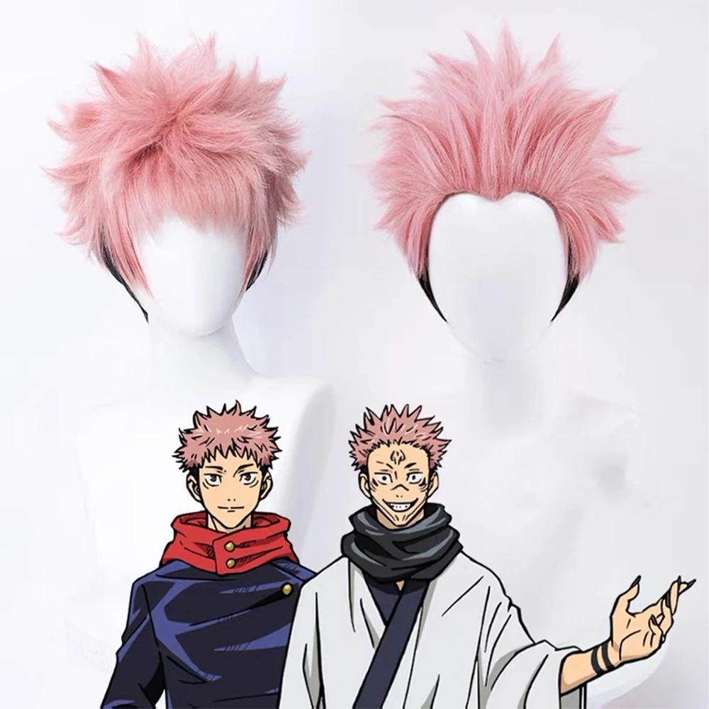 Anime Jujutsu Kaisen Cosplay Yuji Itadori Wig Pink Black Short Heat Resistant fiber Hair Halloween | Тематическая одежда и