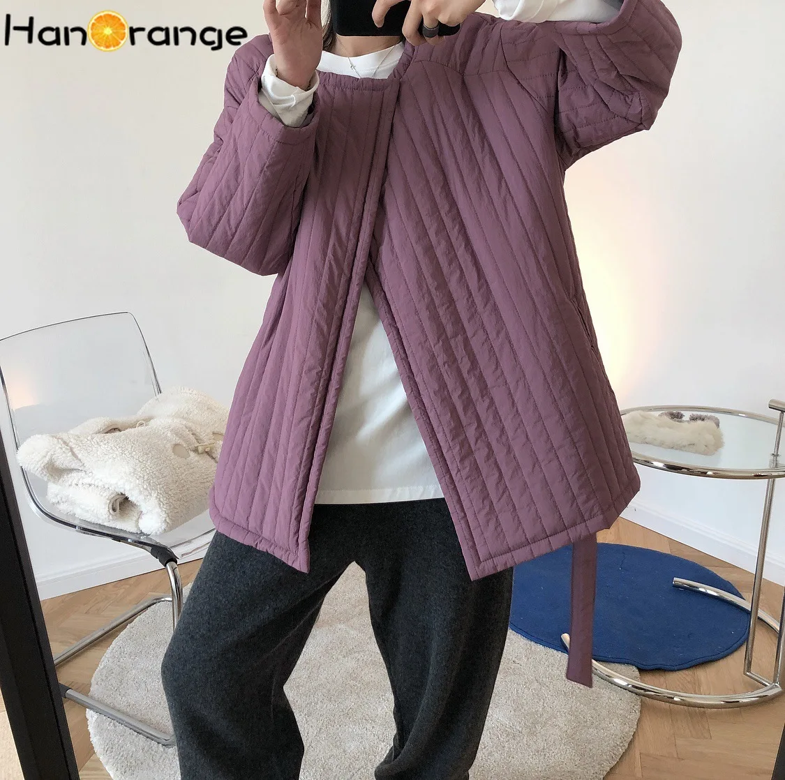 Осень-зима женский нишу дизайн без шнурков с круглым вырезом куртка на подкладке