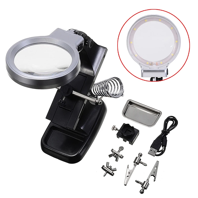 Welding Magnifying Glass 10 LED Light Auxiliary Clip Magnifier + USB Power Cord Hand Soldering Solder Iron Stand Holder Station